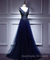 Dark Blue Lace V Neck Long Evening Prom Dresses, Lace Evening Prom Dresses